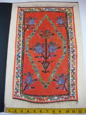 [Bulgarian Rug, red with three blooms , flower in center]